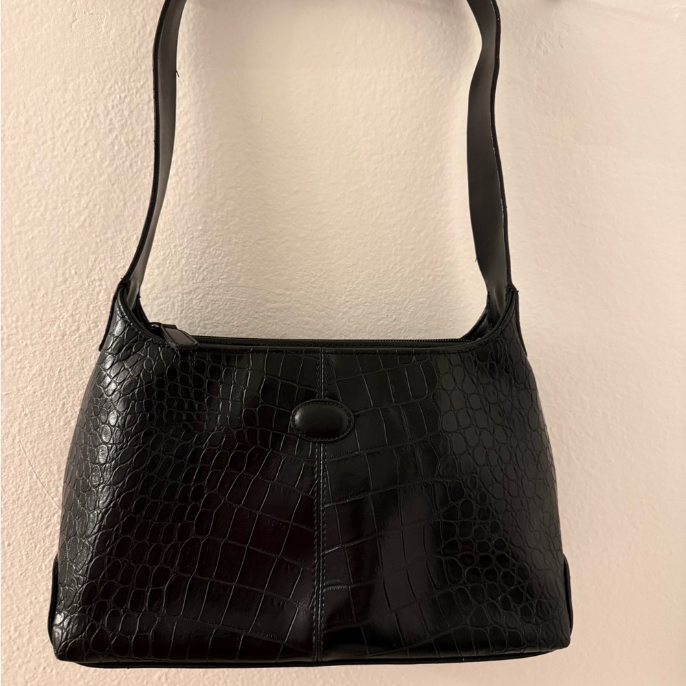 Black Croc-Embossed Shoulder Bag
